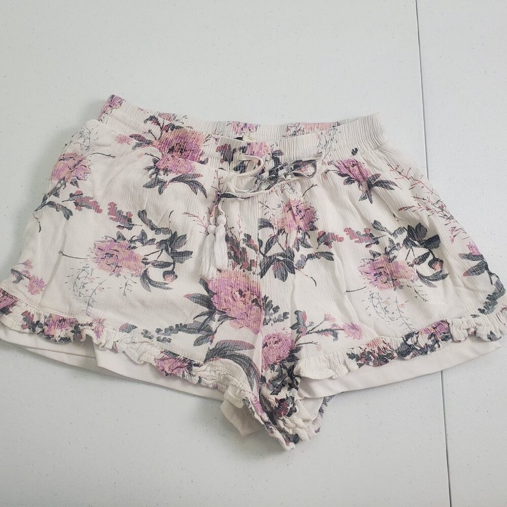 Blue Rain White Floral Shorts Ruffle Hem Adjustable Waistband Women's Size M